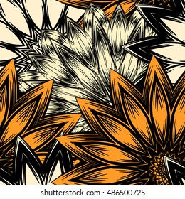 Seamless floral background. Tracery handmade nature ethnic fabric backdrop pattern with flowers. Textile design texture. Decorative color art. Vector.