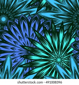 Seamless floral background. Tracery handmade nature ethnic fabric backdrop pattern with flowers. Textile design texture. Decorative color art. Vector.