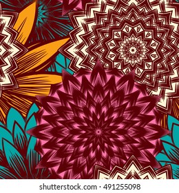 Seamless floral background. Tracery handmade nature ethnic fabric backdrop pattern with flowers. Textile design texture. Decorative color art. Vector.