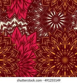 Seamless floral background. Tracery handmade nature ethnic fabric backdrop pattern with flowers. Textile design texture. Decorative color art. Vector.