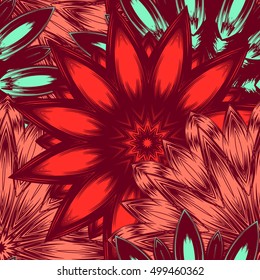 Seamless floral background. Tracery handmade nature ethnic fabric backdrop pattern with flowers. Textile design texture. Decorative color art. Vector.