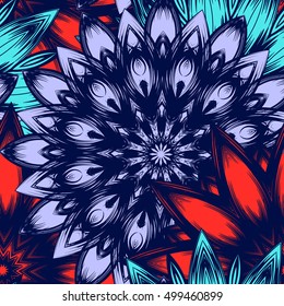 Seamless floral background. Tracery handmade nature ethnic fabric backdrop pattern with flowers. Textile design texture. Decorative color art. Vector.