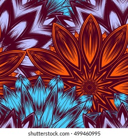 Seamless floral background. Tracery handmade nature ethnic fabric backdrop pattern with flowers. Textile design texture. Decorative color art. Vector.