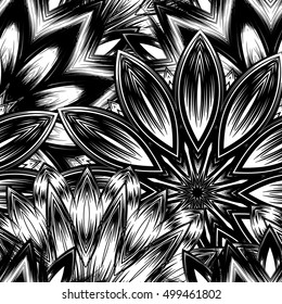 Seamless floral background. Tracery handmade nature ethnic fabric backdrop pattern with flowers. Textile design texture. Decorative binary monochrome black and white art. Vector.