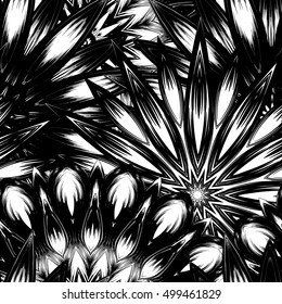 Seamless floral background. Tracery handmade nature ethnic fabric backdrop pattern with flowers. Textile design texture. Decorative binary monochrome black and white art. Vector.