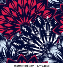 Seamless floral background. Tracery handmade nature ethnic fabric backdrop pattern with flowers. Textile design texture. Decorative color art. Vector.