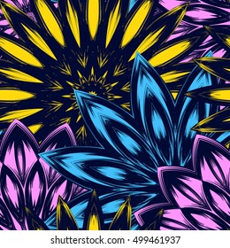 Seamless floral background. Tracery handmade nature ethnic fabric backdrop pattern with flowers. Textile design texture. Decorative color art. Vector.
