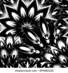 Seamless floral background. Tracery handmade nature ethnic fabric backdrop pattern with flowers. Textile design texture. Decorative binary monochrome black and white art. Vector.