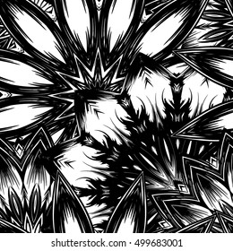 Seamless floral background. Tracery handmade nature ethnic fabric backdrop pattern with flowers. Textile design texture. Decorative binary monochrome black and white art. Vector.