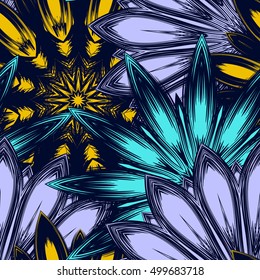 Seamless floral background. Tracery handmade nature ethnic fabric backdrop pattern with flowers. Textile design texture. Decorative color art. Vector.