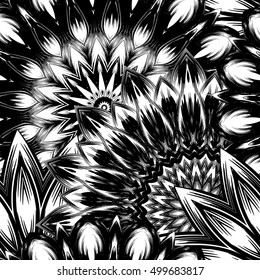 Seamless floral background. Tracery handmade nature ethnic fabric backdrop pattern with flowers. Textile design texture. Decorative binary monochrome black and white art. Vector.