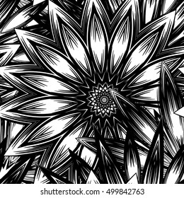 Seamless floral background. Tracery handmade nature ethnic fabric backdrop pattern with flowers. Textile design texture. Decorative binary monochrome black and white art. Vector.