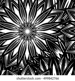 Seamless floral background. Tracery handmade nature ethnic fabric backdrop pattern with flowers. Textile design texture. Decorative binary monochrome black and white art. Vector.
