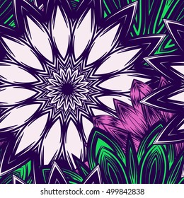 Seamless floral background. Tracery handmade nature ethnic fabric backdrop pattern with flowers. Textile design texture. Decorative color art. Vector.