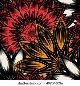 Seamless floral background. Tracery handmade nature ethnic fabric backdrop pattern with flowers. Textile design texture. Decorative color art. Vector.