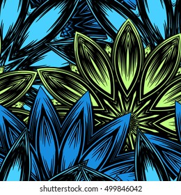 Seamless floral background. Tracery handmade nature ethnic fabric backdrop pattern with flowers. Textile design texture. Decorative color art. Vector.