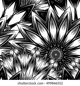 Seamless floral background. Tracery handmade nature ethnic fabric backdrop pattern with flowers. Textile design texture. Decorative binary monochrome black and white art. Vector.