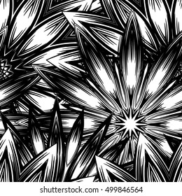 Seamless floral background. Tracery handmade nature ethnic fabric backdrop pattern with flowers. Textile design texture. Decorative binary monochrome black and white art. Vector.