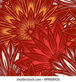 Seamless floral background. Tracery handmade nature ethnic fabric backdrop pattern with flowers. Textile design texture. Decorative color art. Vector.