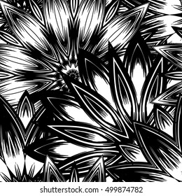 Seamless floral background. Tracery handmade nature ethnic fabric backdrop pattern with flowers. Textile design texture. Decorative binary monochrome black and white art. Vector.