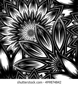 Seamless floral background. Tracery handmade nature ethnic fabric backdrop pattern with flowers. Textile design texture. Decorative binary monochrome black and white art. Vector.