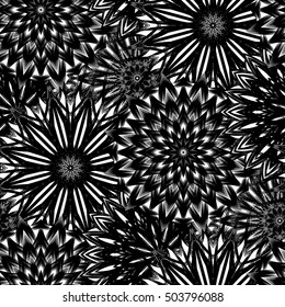 Seamless floral background. Tracery handmade nature ethnic fabric backdrop pattern with flowers. Textile design texture. Decorative binary monochrome black and white art. Vector.