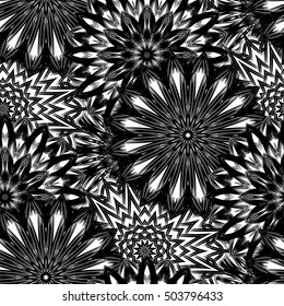 Seamless floral background. Tracery handmade nature ethnic fabric backdrop pattern with flowers. Textile design texture. Decorative binary monochrome black and white art. Vector.