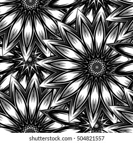 Seamless floral background. Tracery handmade nature ethnic fabric backdrop pattern with flowers. Textile design texture. Decorative binary monochrome black and white art. Vector.