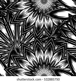 Seamless floral background. Tracery handmade nature ethnic fabric backdrop pattern with flowers. Textile design texture. Decorative binary monochrome black and white art. Vector.