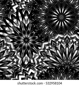 Seamless floral background. Tracery handmade nature ethnic fabric backdrop pattern with flowers. Textile design texture. Decorative binary monochrome black and white art. Vector.