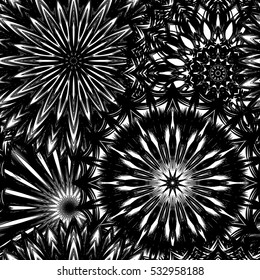 Seamless floral background. Tracery handmade nature ethnic fabric backdrop pattern with flowers. Textile design texture. Decorative binary monochrome black and white art. Vector.
