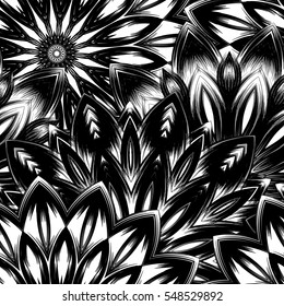 Seamless floral background. Tracery handmade nature ethnic fabric backdrop pattern with flowers. Textile design texture. Decorative binary monochrome black and white art. Vector.