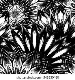 Seamless floral background. Tracery handmade nature ethnic fabric backdrop pattern with flowers. Textile design texture. Decorative binary monochrome black and white art. Vector.