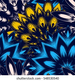 Seamless floral background. Tracery handmade nature ethnic fabric backdrop pattern with flowers. Textile design texture. Decorative color art. Vector.