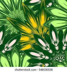 Seamless floral background. Tracery handmade nature ethnic fabric backdrop pattern with flowers. Textile design texture. Decorative color art. Vector.