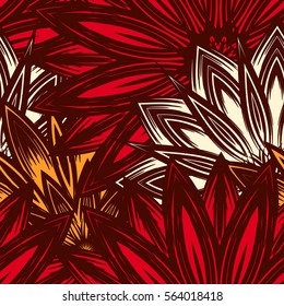 Seamless floral background. Tracery handmade nature ethnic fabric backdrop pattern with flowers. Textile design texture. Decorative color art. Vector.