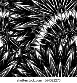 Seamless floral background. Tracery handmade nature ethnic fabric backdrop pattern with flowers. Textile design texture. Decorative binary monochrome black and white art. Vector.