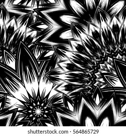Seamless floral background. Tracery handmade nature ethnic fabric backdrop pattern with flowers. Textile design texture. Decorative binary monochrome black and white art. Vector.