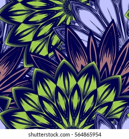 Seamless floral background. Tracery handmade nature ethnic fabric backdrop pattern with flowers. Textile design texture. Decorative color art. Vector.
