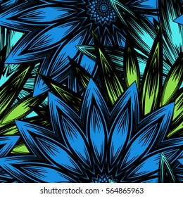 Seamless floral background. Tracery handmade nature ethnic fabric backdrop pattern with flowers. Textile design texture. Decorative color art. Vector.