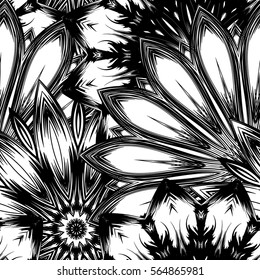 Seamless floral background. Tracery handmade nature ethnic fabric backdrop pattern with flowers. Textile design texture. Decorative binary monochrome black and white art. Vector.