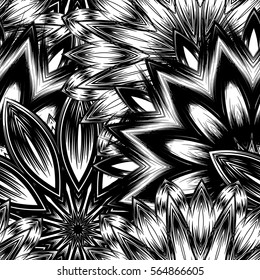 Seamless floral background. Tracery handmade nature ethnic fabric backdrop pattern with flowers. Textile design texture. Decorative binary monochrome black and white art. Vector.