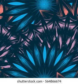 Seamless floral background. Tracery handmade nature ethnic fabric backdrop pattern with flowers. Textile design texture. Decorative color art. Vector.