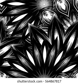 Seamless floral background. Tracery handmade nature ethnic fabric backdrop pattern with flowers. Textile design texture. Decorative binary monochrome black and white art. Vector.