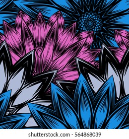 Seamless floral background. Tracery handmade nature ethnic fabric backdrop pattern with flowers. Textile design texture. Decorative color art. Vector.