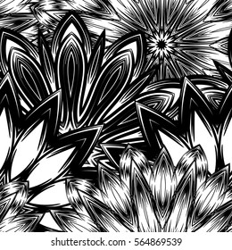 Seamless floral background. Tracery handmade nature ethnic fabric backdrop pattern with flowers. Textile design texture. Decorative binary monochrome black and white art. Vector.