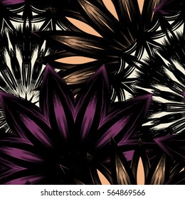 Seamless floral background. Tracery handmade nature ethnic fabric backdrop pattern with flowers. Textile design texture. Decorative color art. Vector.