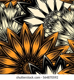 Seamless floral background. Tracery handmade nature ethnic fabric backdrop pattern with flowers. Textile design texture. Decorative color art. Vector.