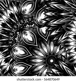 Seamless floral background. Tracery handmade nature ethnic fabric backdrop pattern with flowers. Textile design texture. Decorative binary monochrome black and white art. Vector.