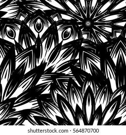 Seamless floral background. Tracery handmade nature ethnic fabric backdrop pattern with flowers. Textile design texture. Decorative binary monochrome black and white art. Vector.